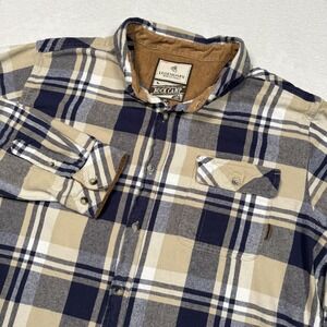 Legendary Whitetails Buck Camp Shirt Mens XL Blue Tan Plaid Flannel Button Up